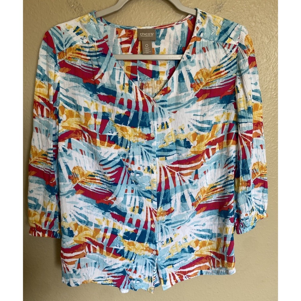 Chico's Blouse Tropical Palm Print Button Up Shirt Women's 0 Small Island Beach